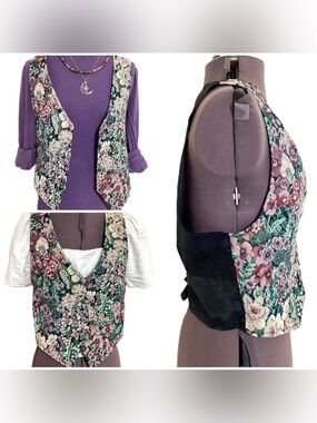 90s Floral Tapestry Button Front Grannycore Vest M